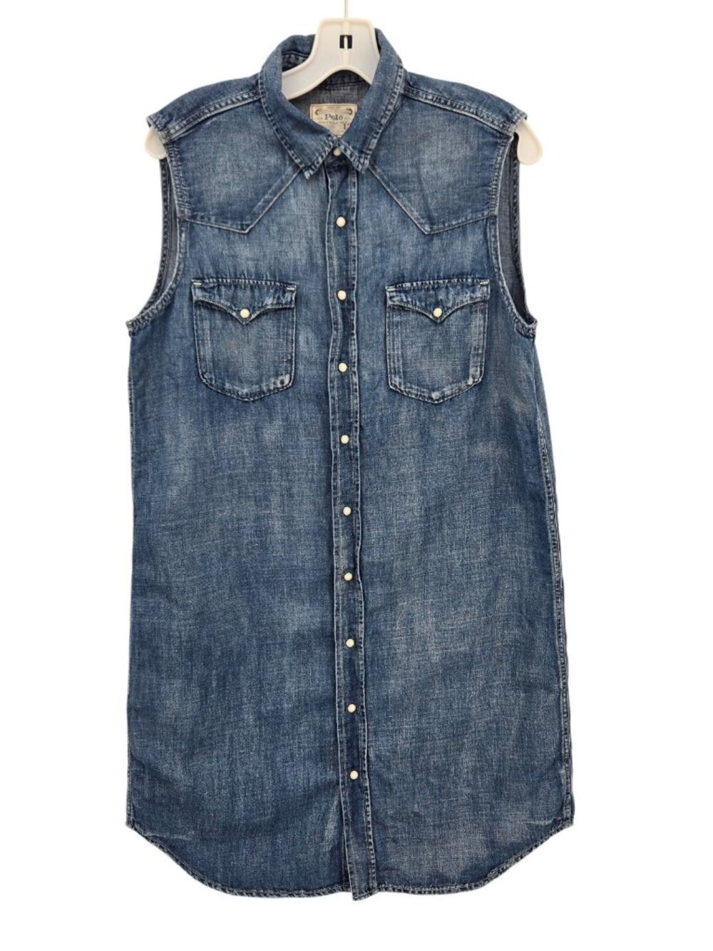Polo Ralph Lauren Dungarees Denim Jean Shirt Dress 12 Snap Buttons Cotton Linen
